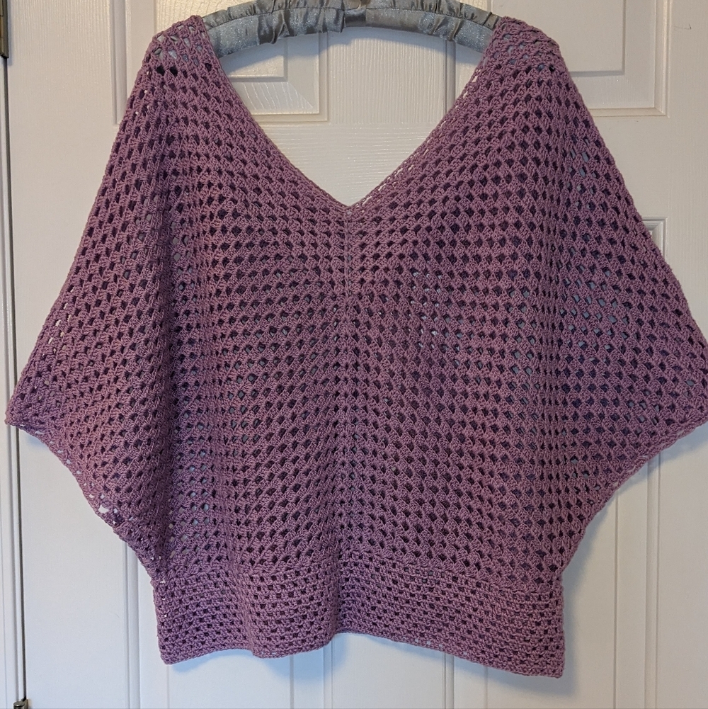 Women's L Crochet Short Sleeve Dolman V Neck Sweater Pullover Seamless Lavender